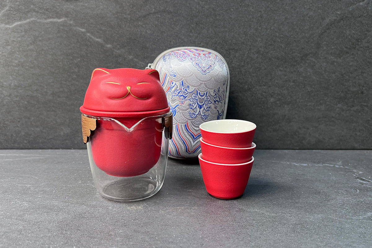 Red Lucky Cat Tea Set with Travel Case