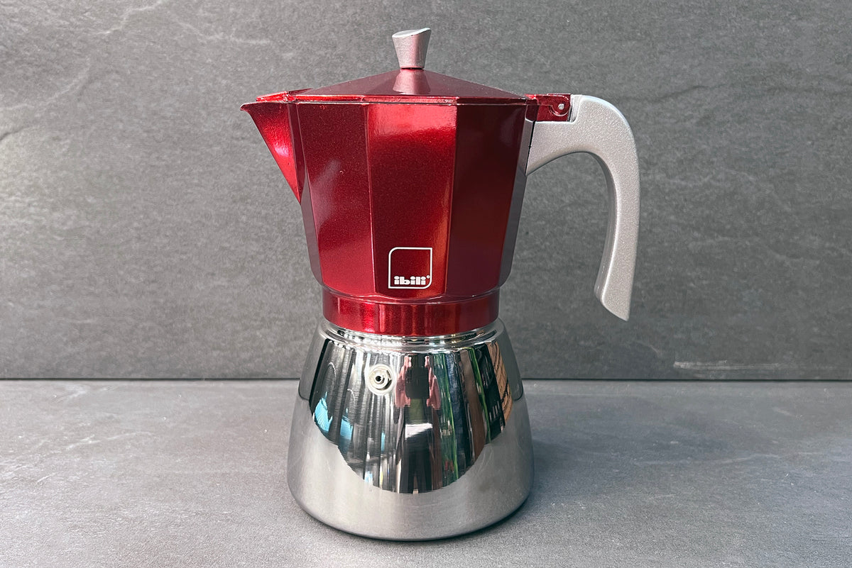 Red 12 Cup Elba Steel and Aluminium Espresso Maker