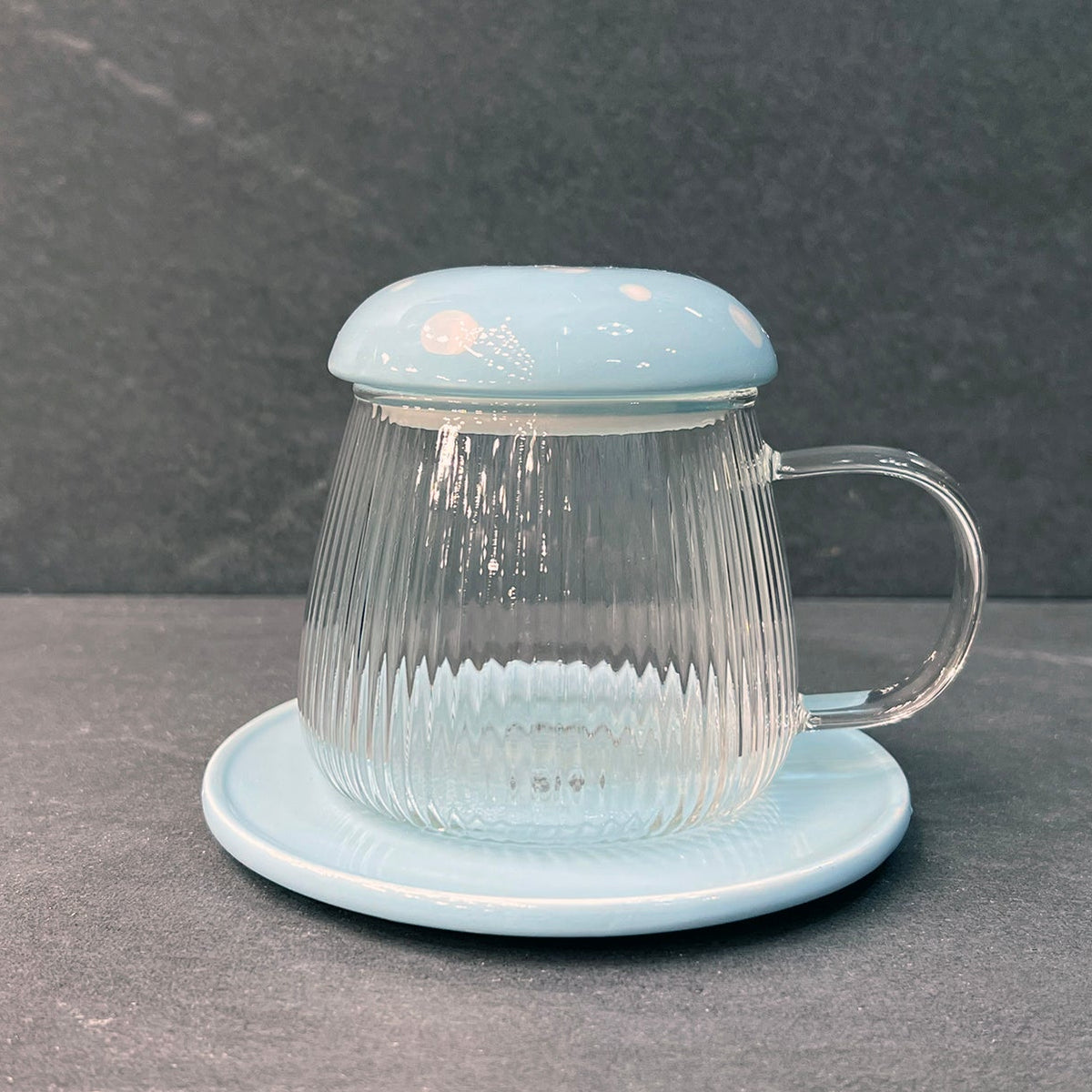 Blue Glass Mushroom Tea Cup with Lid and Saucer