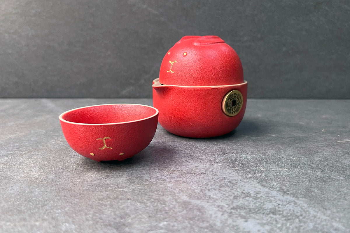 Red Money Cat Gong Fu Tea Set with Travel Case