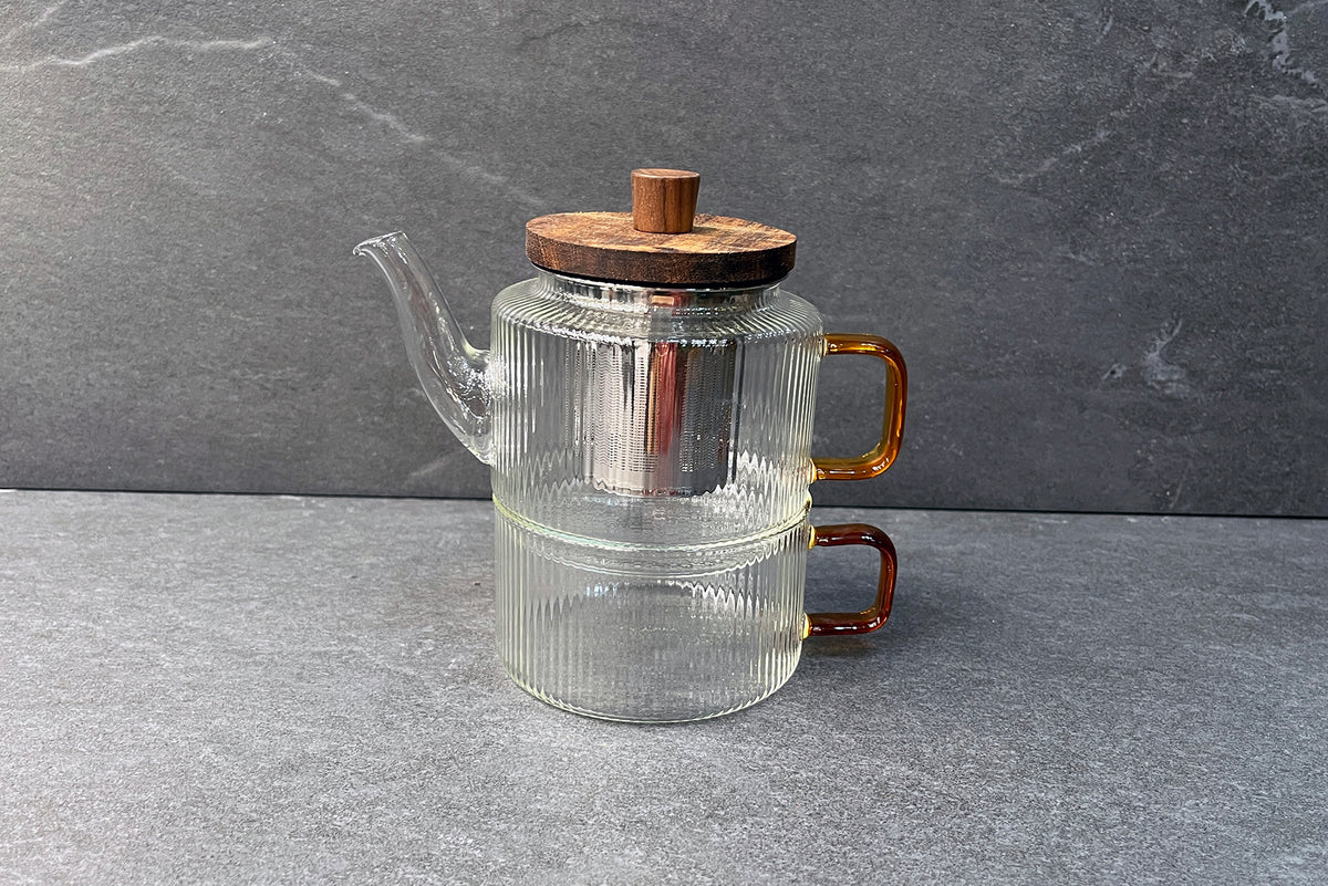Karl Ribbed Glass Infuser Teapot and Cup Set 400ml