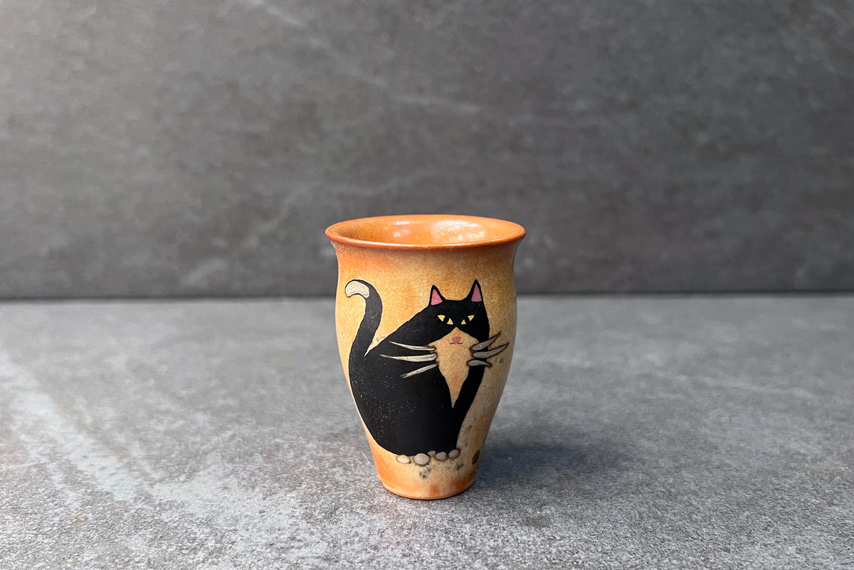 Handmade Tall Tea Bowl Black Cat Sitting