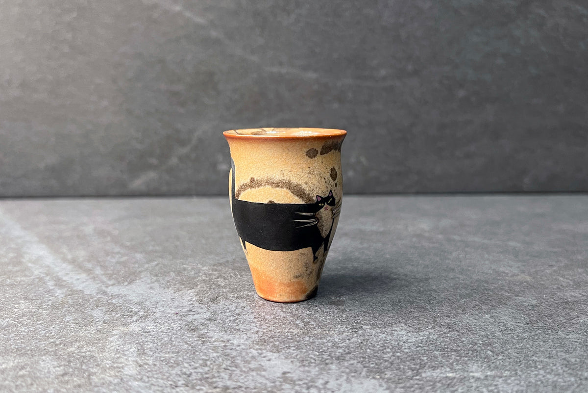 Handmade Tall Tea Bowl Black Cat Walking
