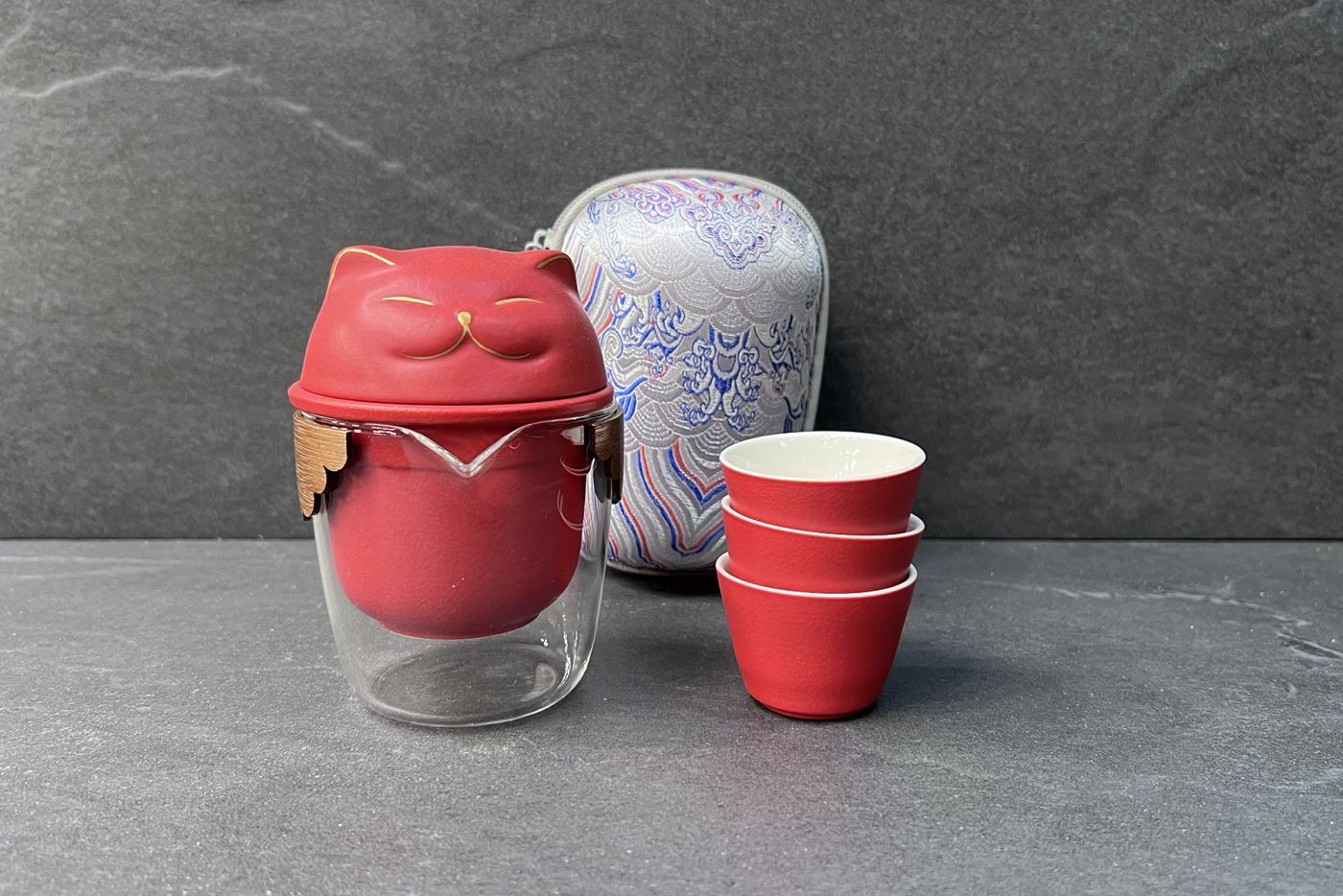 SECONDS Red Lucky Cat Tea Set with Travel Case
