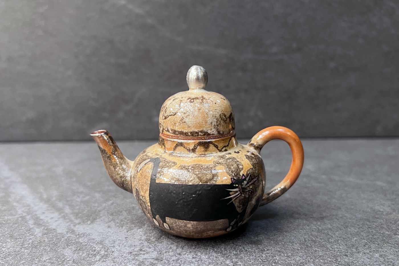 Handmade Walking Black Cat Traditional Teapot