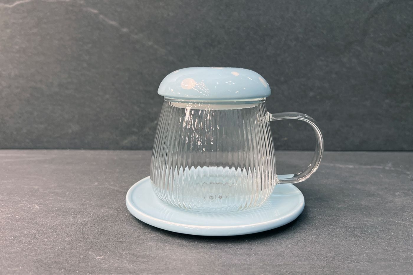 Blue Glass Mushroom Tea Cup with Lid and Saucer