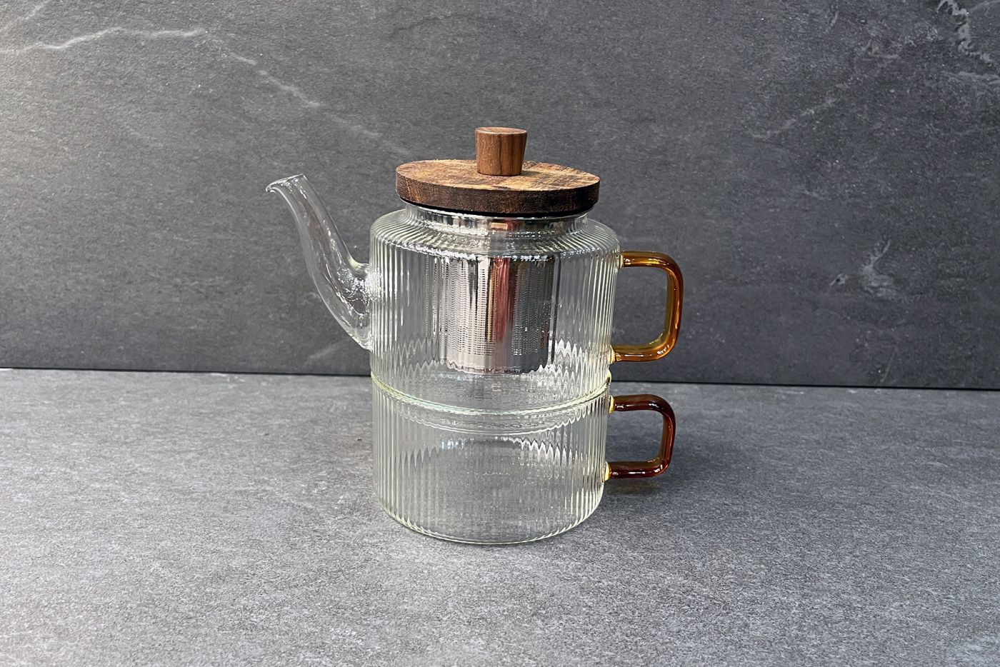 Karl Ribbed Glass Infuser Teapot and Cup Set 400ml