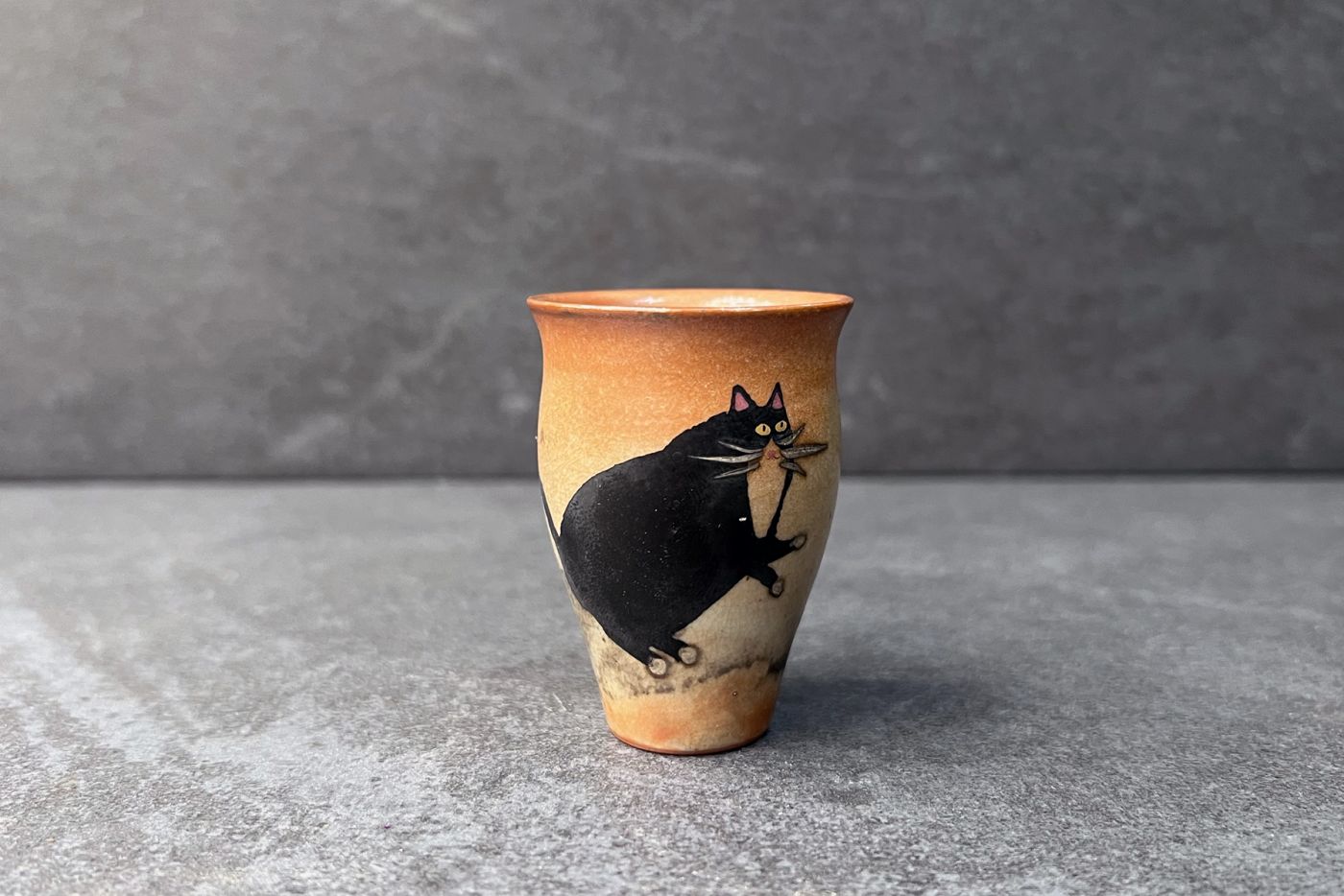 Handmade Tall Tea Bowl Black Cat Begging