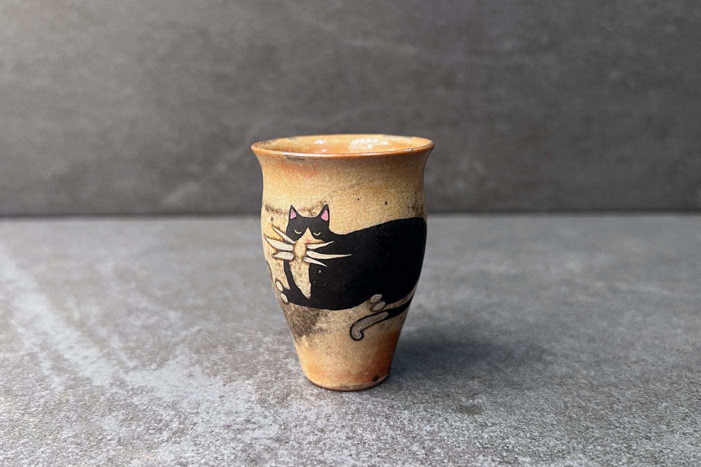 Handmade Tall Tea Bowl Black Cat Resting
