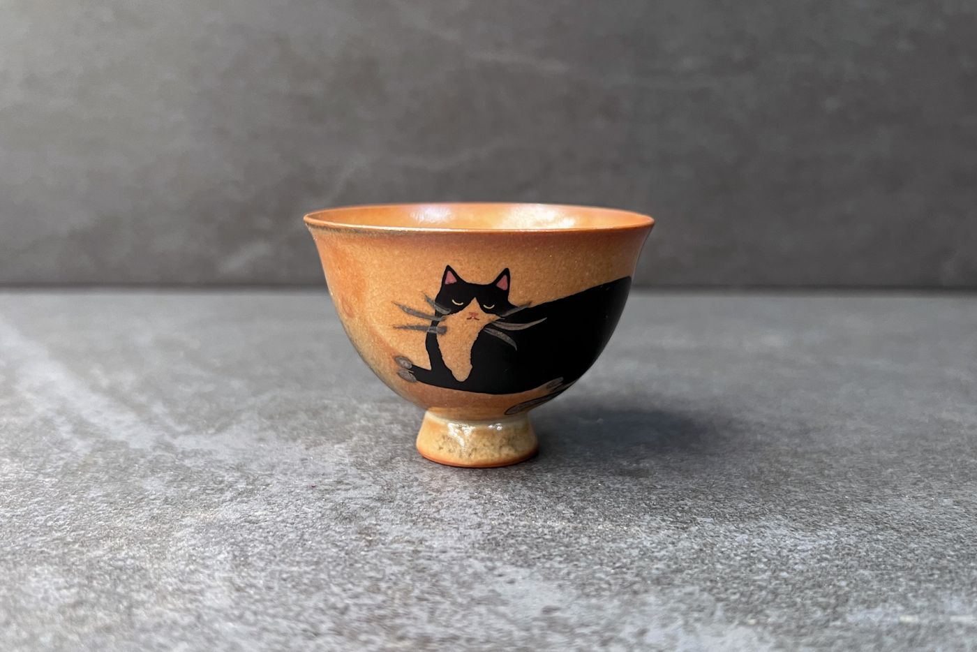 Handmade Wide Tea Bowl Black Cat Resting