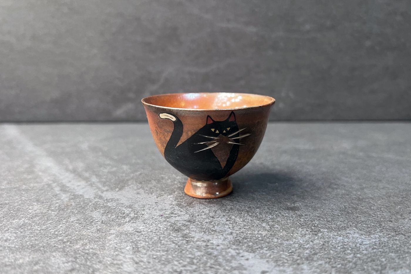 Handmade Wide Tea Bowl Black Cat Sitting