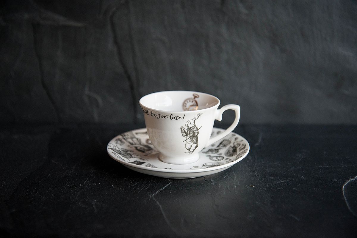Victoria & Albert Alice In Wonderland Espresso Cup & Saucer - 100ml, White With Gold Detail, Mad Hatter Tea Party Design